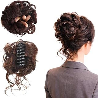 2Pcs Deep Brown Messy Bun Hair Piece Set with Claw Clip & Scrunchie, Dark Brown Wig Claw, Fake Curly Hair Clip for Updo Chignon Ponytail Extensions for Women Daily/Party/Wedding Wear