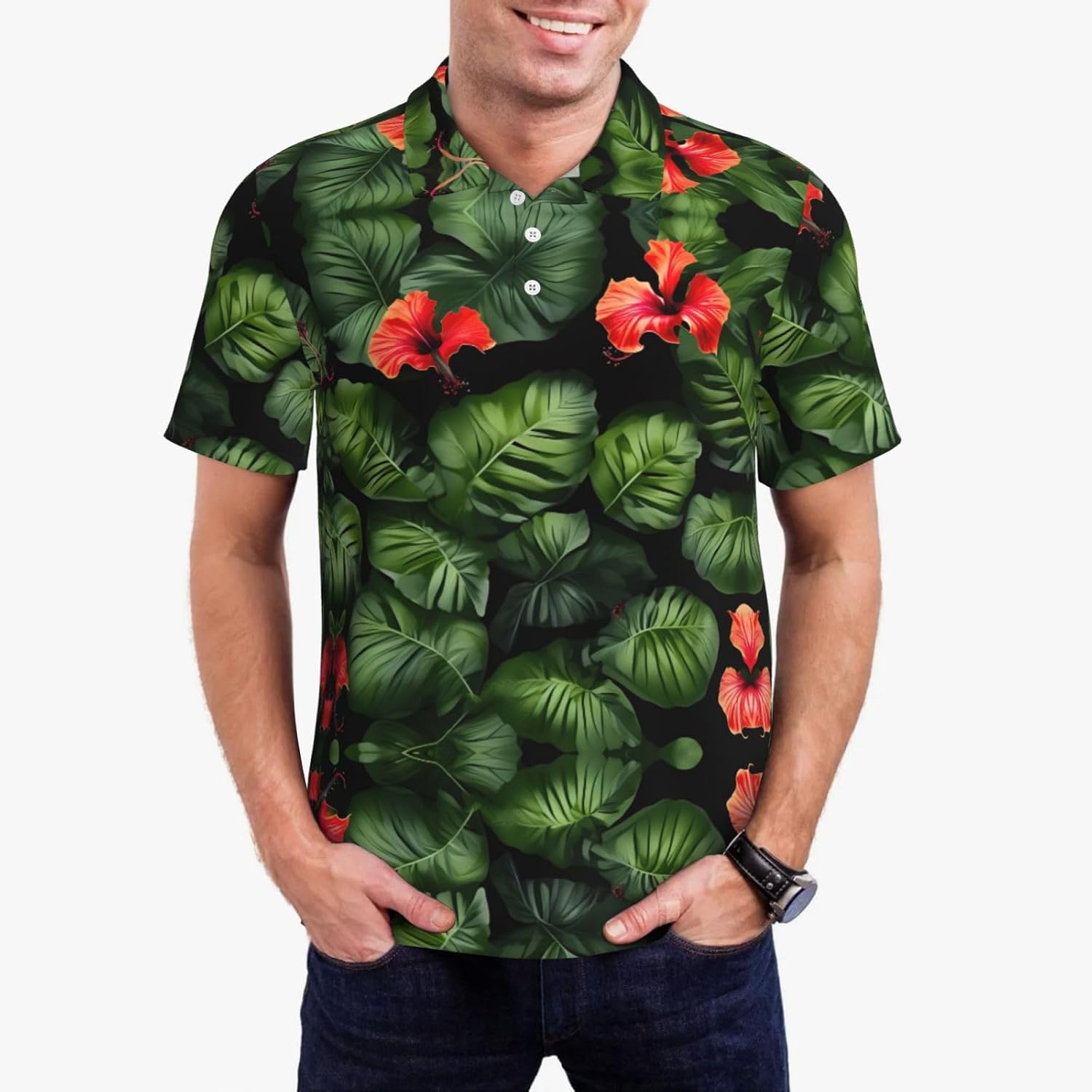 Tropical Flowers and Foliage Print Men's Polo Shirts,Short Sleeve Golf Shirts for Men,Casual Polo T-Shirts,for Any Occasion