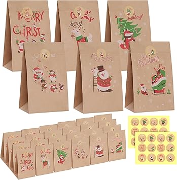 STARRKY 24PCS Christmas Goodie Bags With Stickers, Christmas Gift Bags 6 Styles For Cookies, Lunch, Classrooms Xmas Party Favors - View #5