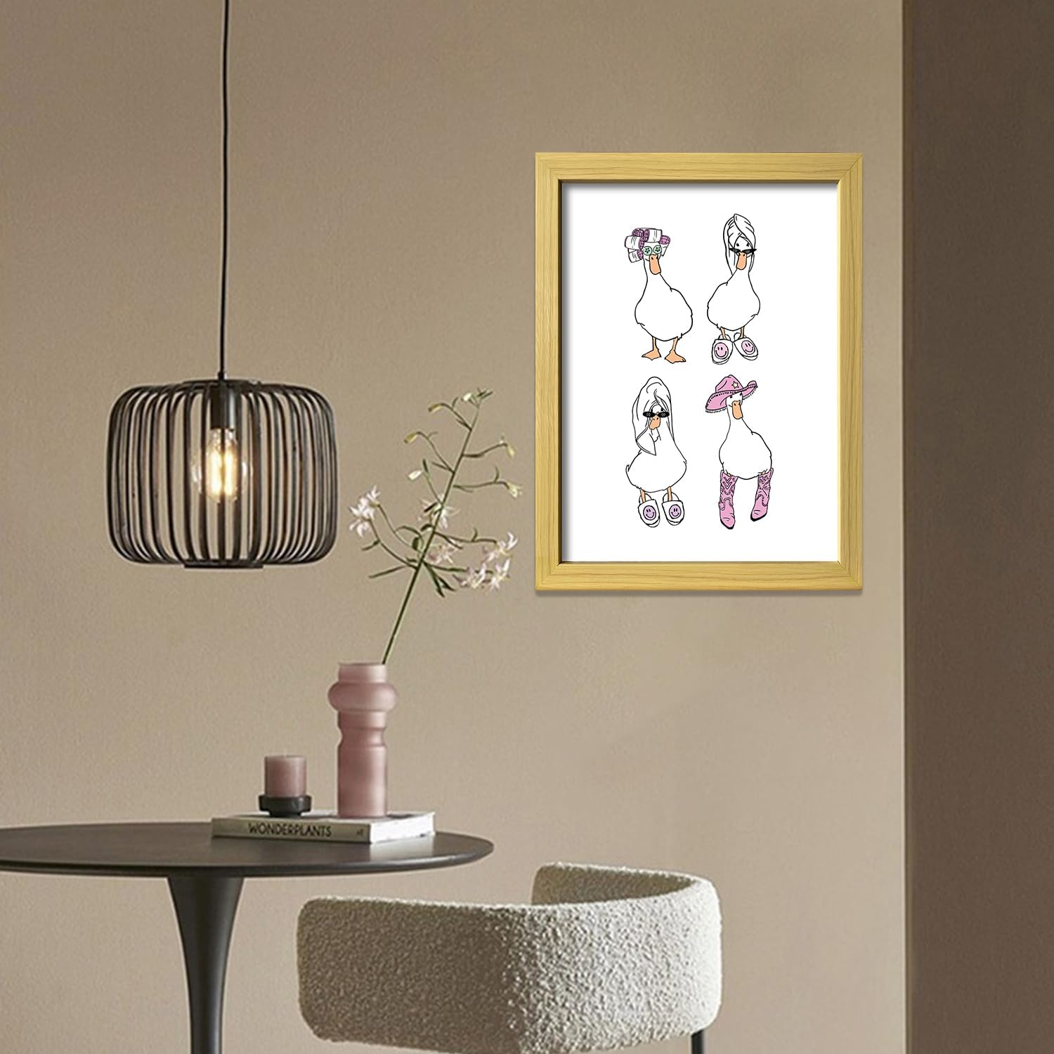 Framed Cute Girly Bathroom Wall Art Funny Ducks Towel Cowboy and Curlers Canvas Print Framed White and Pink Trendy Wall Decor