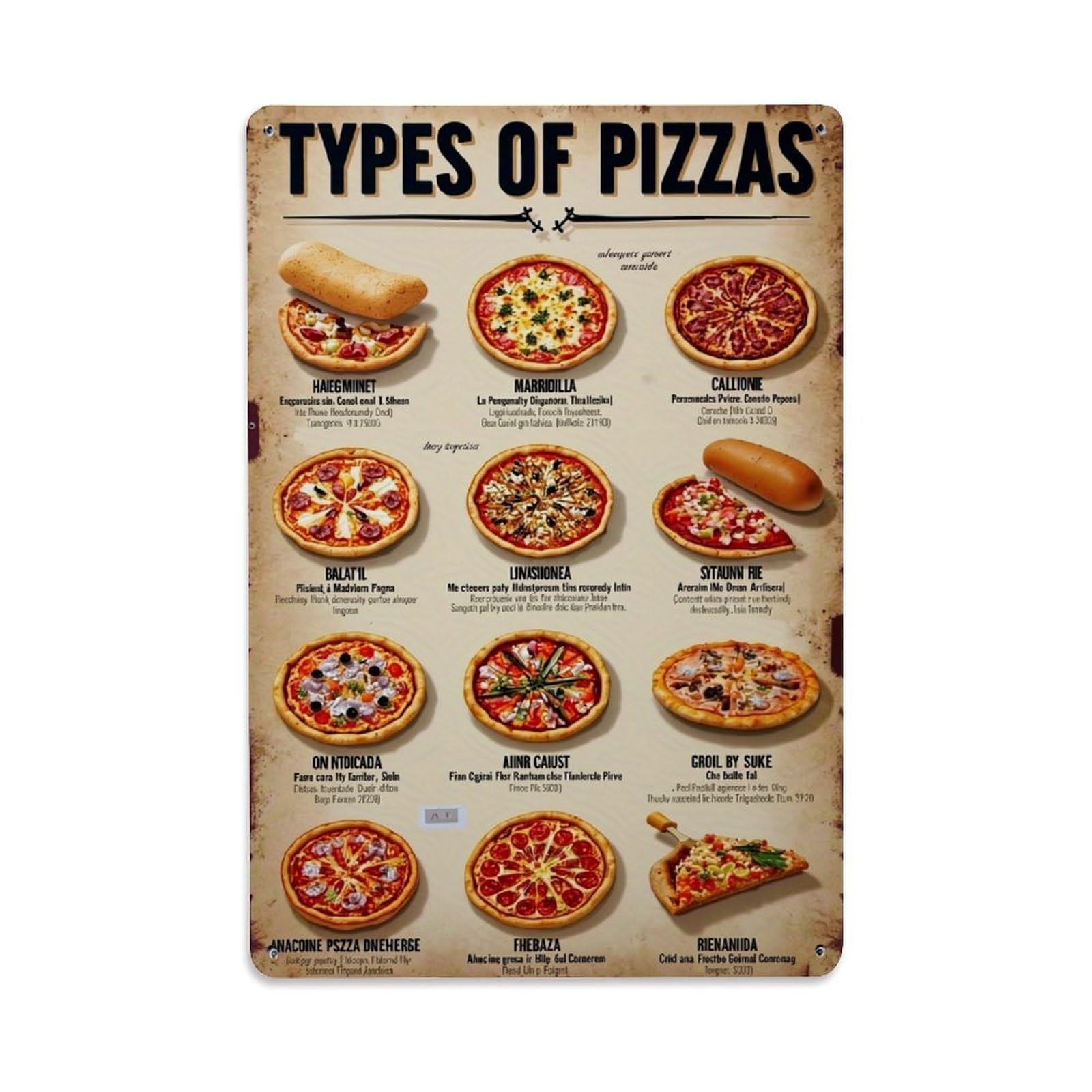 Types Of Pizzas Pattern Print Retro Metal Tin Sign, Vintage Metal Poster for home, Gaming Room, Studio Workshop,Bar,Garage Wall Art Decor 8x12 Inch