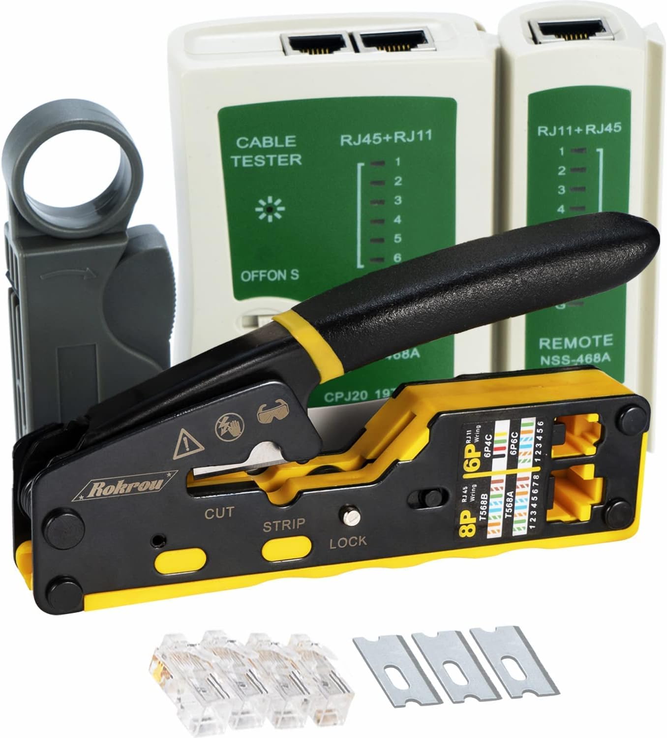 Rokrou RJ45 Crimp Tool Pass Through Ethernet Crimper CAT6 Cat5e Cat5 Connector Crimping Tool Kit For RJ11/12 6P 8P Modular Standard With 20PCS Crystal Head And Network Cable Tester Set