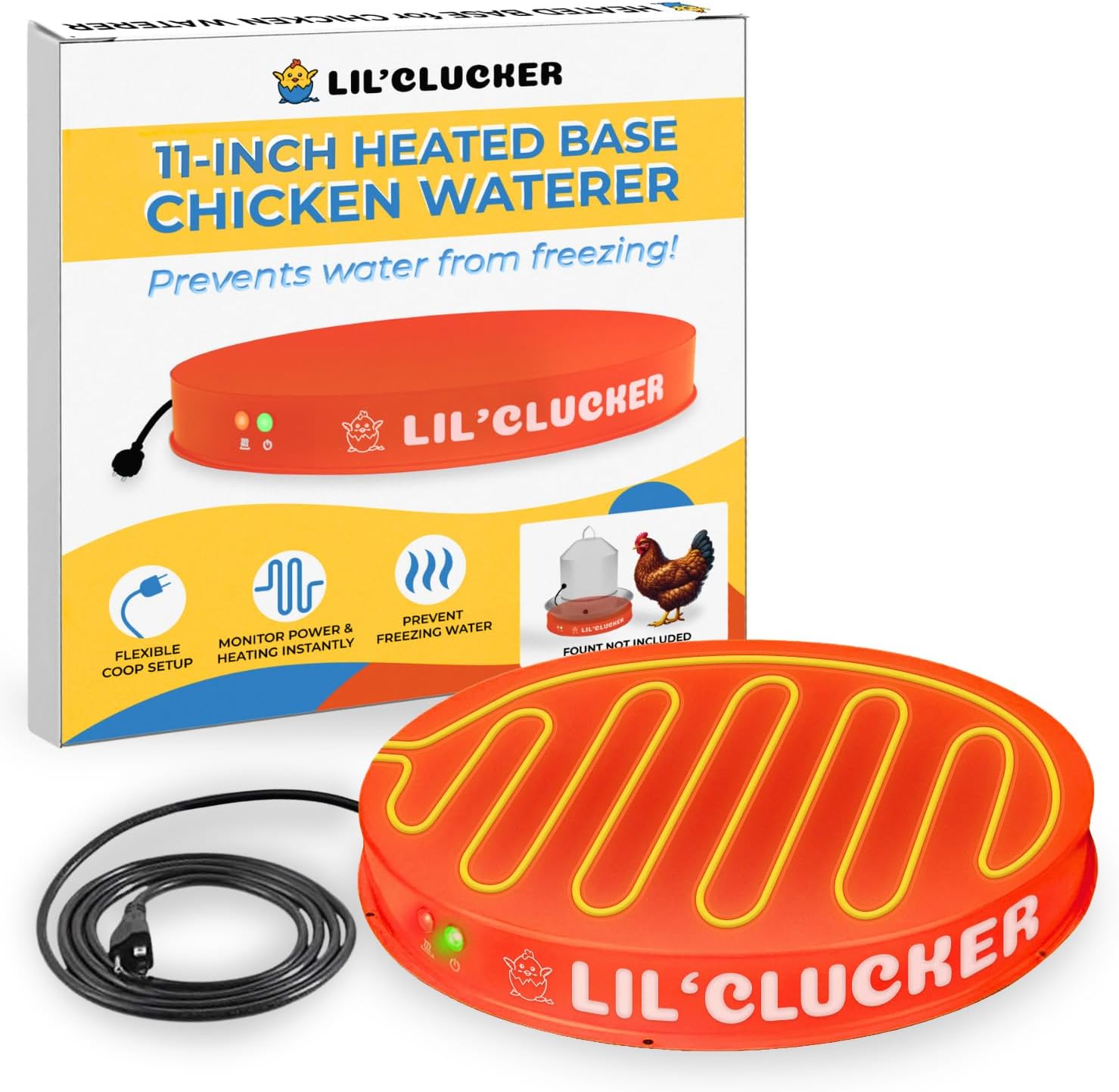 Lil'Clucker Heated Base for Chicken Waterer – Automatic Metal Freeze Proof Heated Chicken Waterer with Heater & LED – Poultry Heated Waterer for Winter (Orange, 11 Inch)