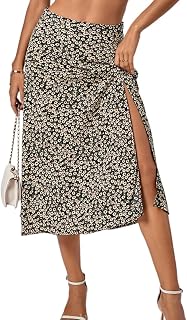 Women's Casual Boho Printed High Waist Side Split Hem Zipper Midi Skirt