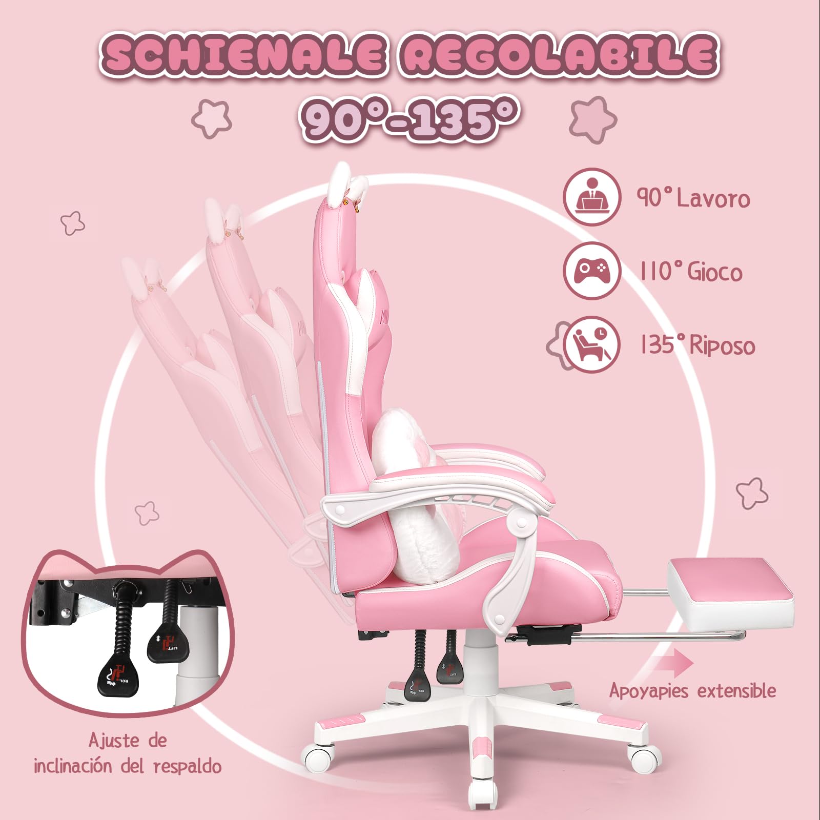 Waleaf Sedia Gaming Rosa, Sedia da Gaming Ergonomica con Regolabile Poggiapiedi, Poggiatesta, Supporto Lombare, Poltrona per Computer con Orecchie da Gatto, Altezza Regolabile