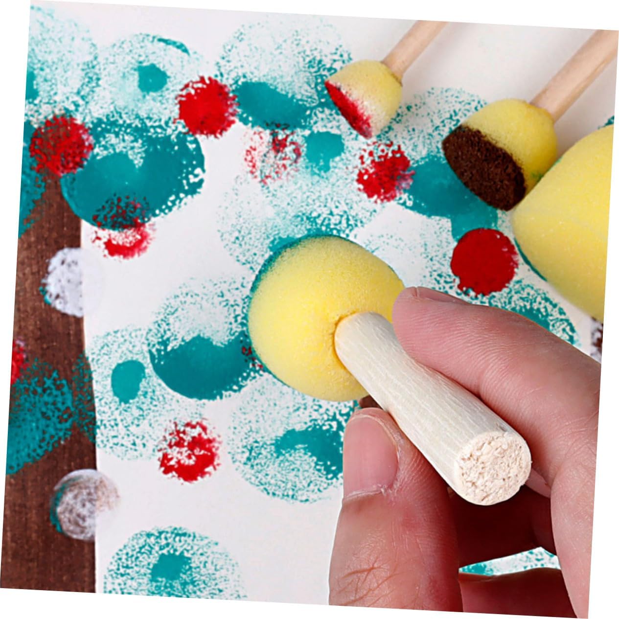 12 Pcs Sponge Painting Brush with Wooden Handles for DIY Craft Projects Washable and Reusable Round Sponge Seals for Graffiti Oil Painting and Creative Art Designs