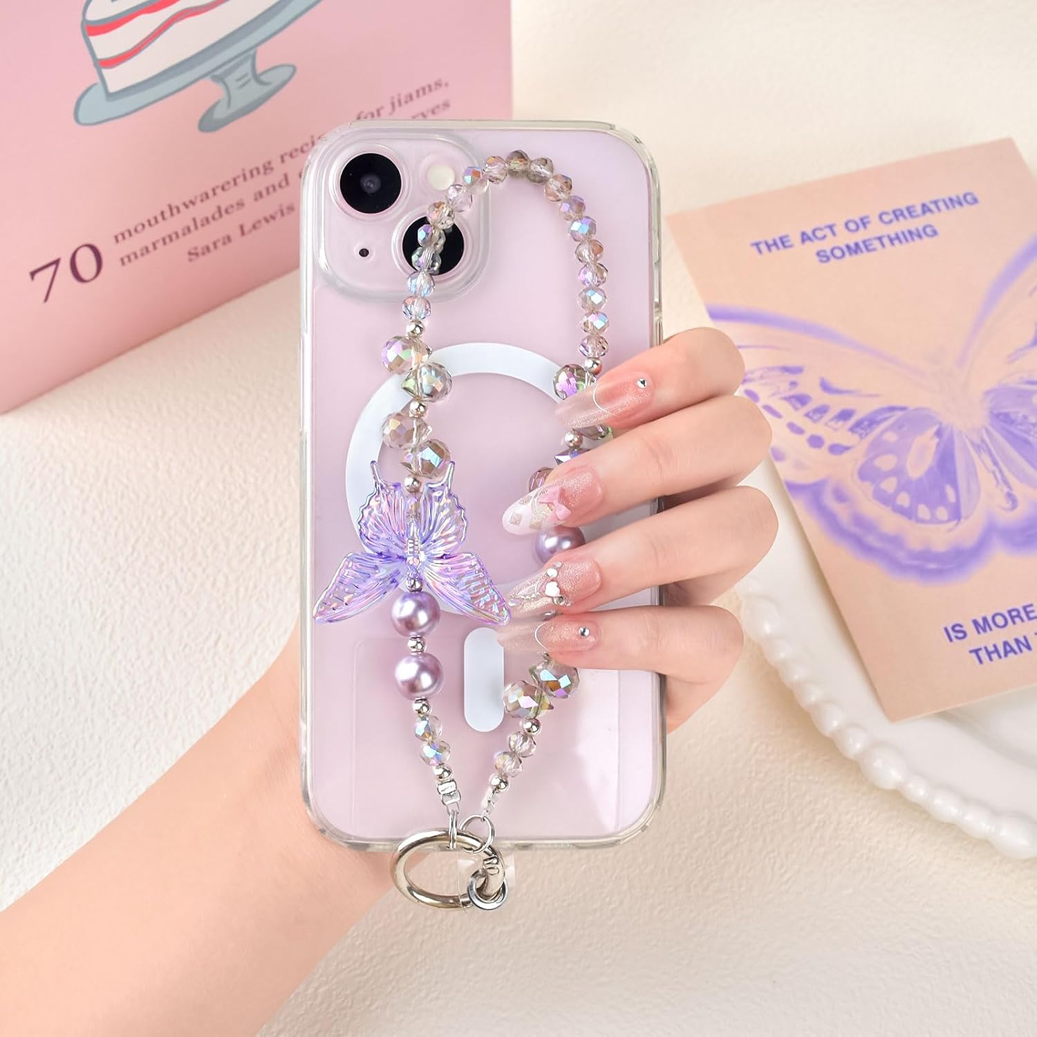 Beaded Phone Wrist Strap,Crystal Glitter Cute Butterfly Keychain Wristlet,Phone Chain Wristlet Purse Bag Charms