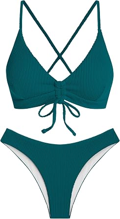 ZAFUL High Cut Bikini Sets for Women Lace Up Two Piece Swimsuit Sexy Cheeky Cute Bathing Suits Ribbed Triangle String Bikini