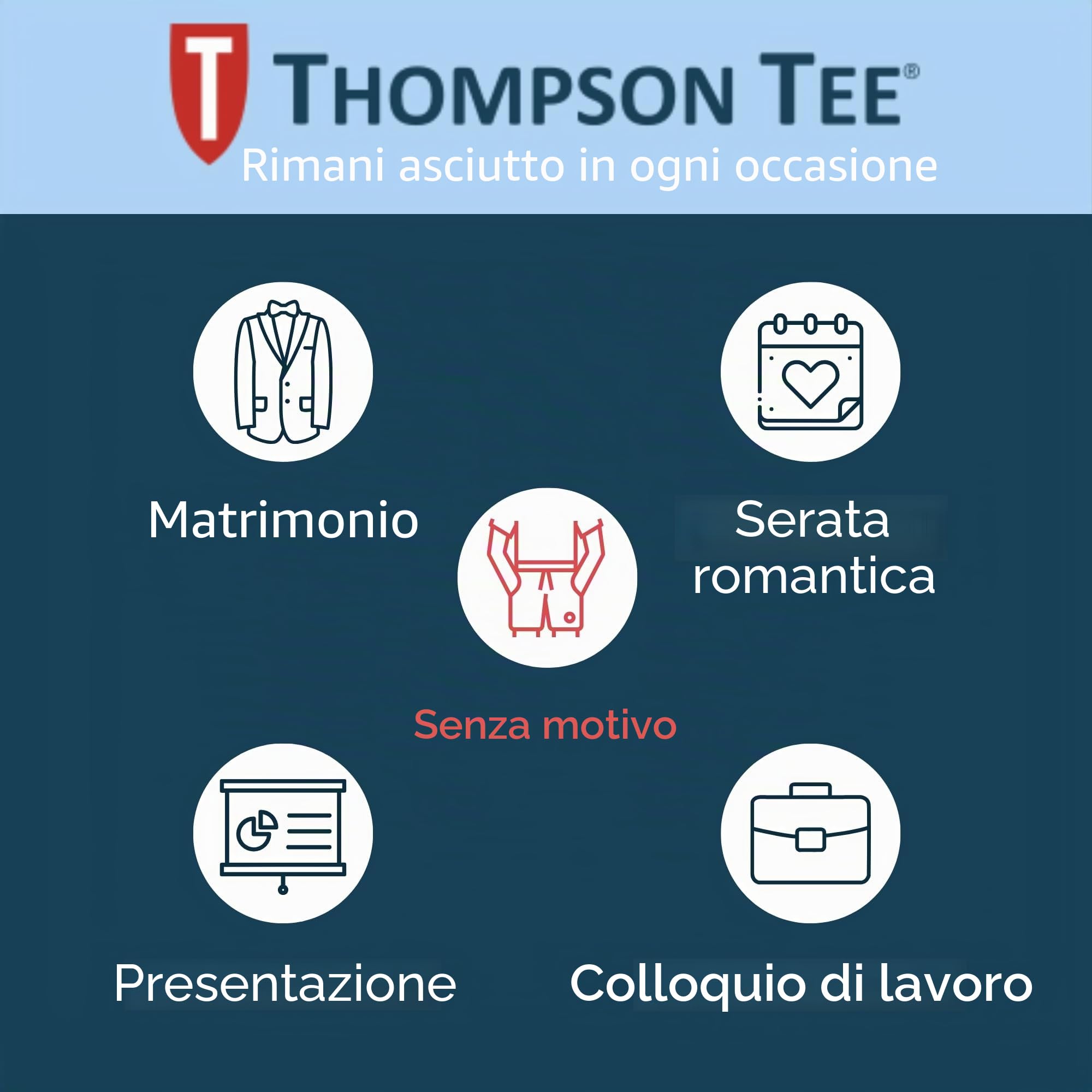 Thompson Tee - Maglia Intima blocca-Sudore - con Pad sotto-Manica Anti-microbico - Modello Originale - Scollo a V Profondo