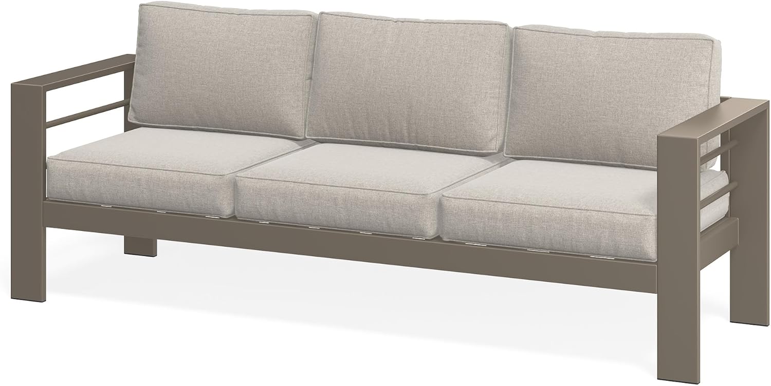 Wisteria Lane Patio Furniture Metal Sofa, Metal Outdoor Chairs with Upgraded Cushions, All-Weather Outdoor 3 Seats Sofa Couch for Balcony, Garden, Deck, Backyard, Khaki