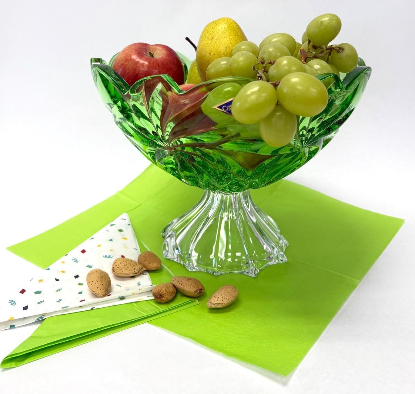 11.25-Inch Bohemian Crystal Footed Fruit Bowl FLORA, Gift Platter, Czech Crystal, Deep Plate, Green