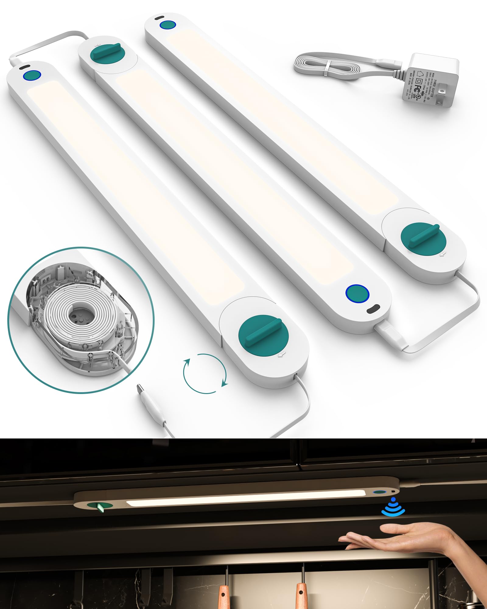 ASOKO Under Counter Lights for Kitchen, Motion Sensor Lights Plug in, Hand Wave Activated Under Cabinet Light with Retractable Cable, 4000K Daylight Dimmable Wired Closet Lights 3 Pack