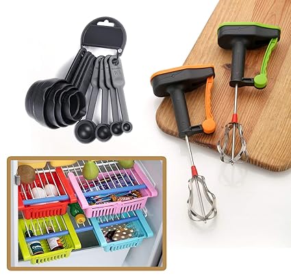 Dhamee Popular Combo - Power Free Hand Blender & Beater with high Speed Operation ; 4pcs Fridge Adjustable Basket Storage Saver Rack in Kitchen appliances ; 8 Pcs Black Measuring Cups and Spoons Set