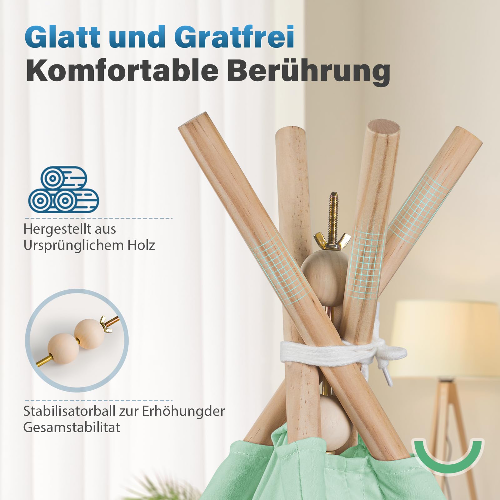 Tipi tenda per bambini, tenda da gioco con coperta imbottita, catena luminosa, borsa per il trasporto, stile Montessori, per bambini, colore: verde chiaro