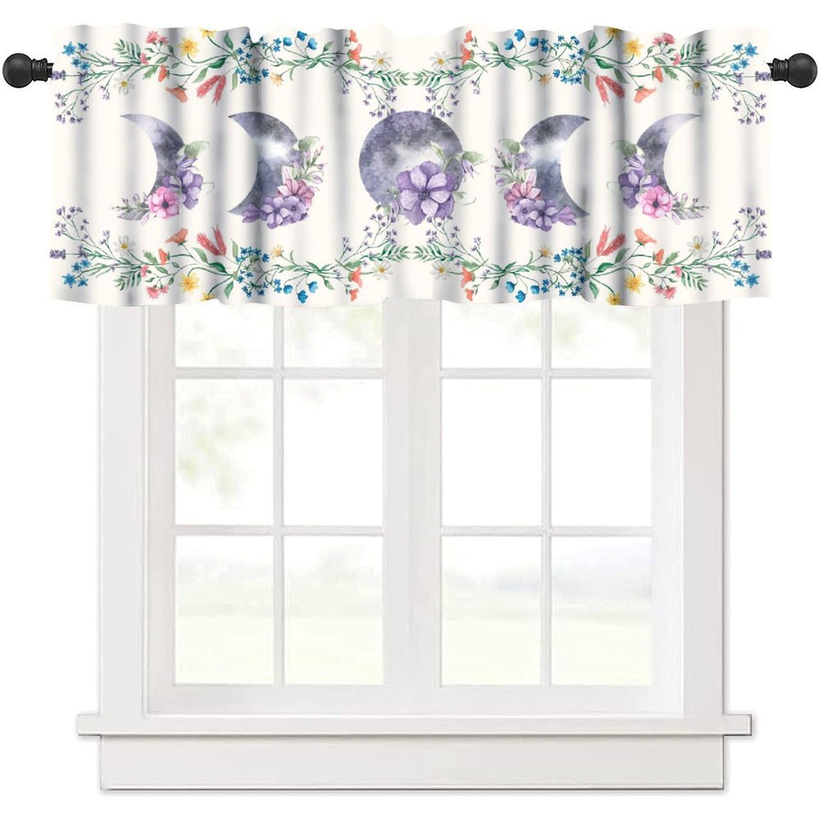 FengMingRui Moon Phase Valance Curtains for Bedroom Windows Floral Bohemian Hippie Curtain Valance for Kitchen Dining Room Canteens Home Decor One