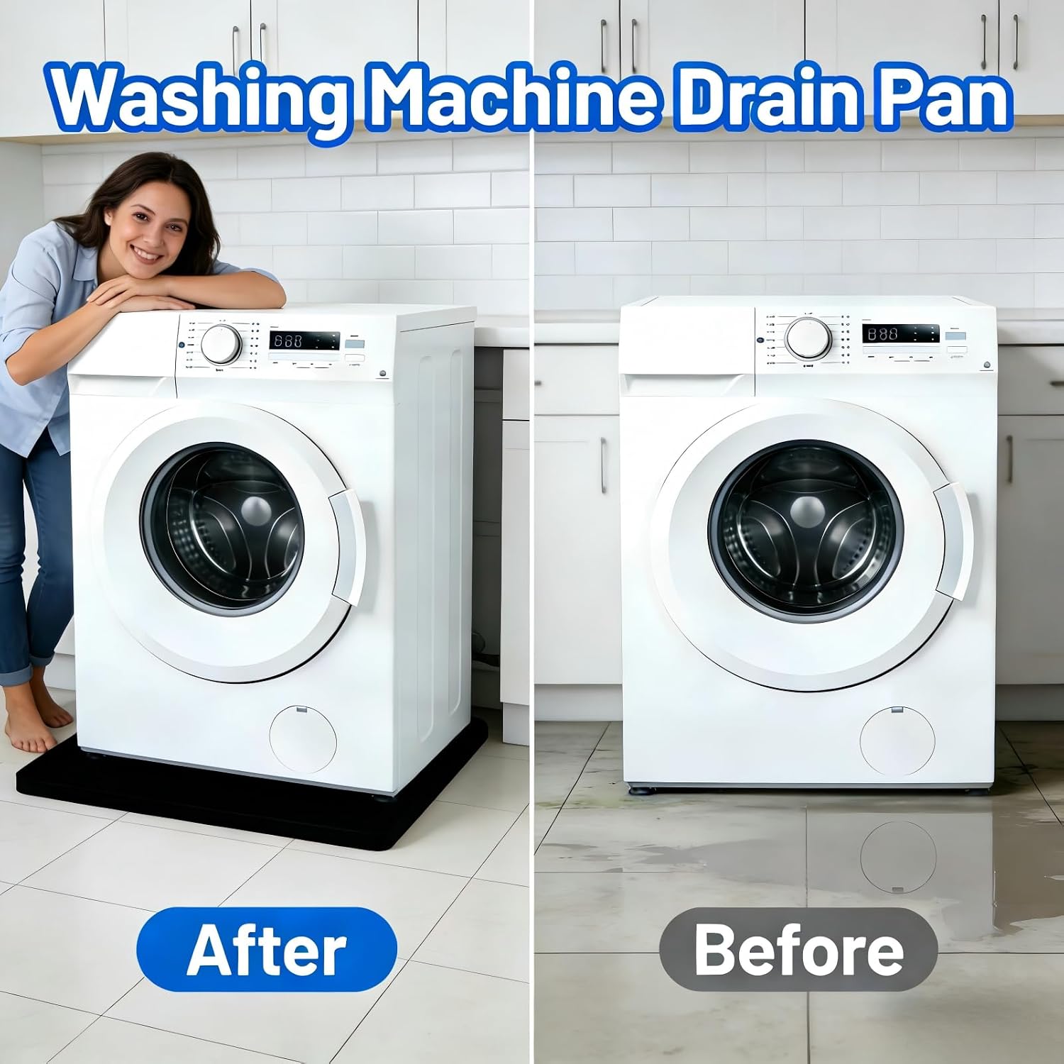 Washing Machine Drain Pan，Non-Slip Waterproof Washer Drip Tray 27"x27"，Leak-Proof Silicone Drip Mat for Washer Dryer，Floor Protector for Laundry Room Dryer Refrigerator (Black)