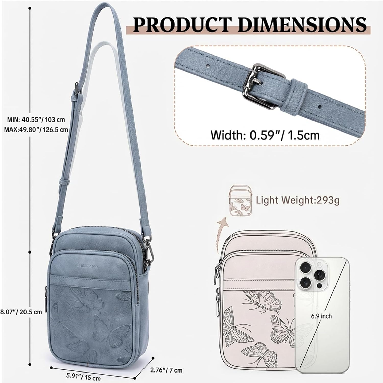 BELTANA Small Crossbody Bags for Women, Butterfly Vegan Leather Cell Phone Bag Trendy Wallet Purse with RFID Card Slots | Triple compartment, Adjustable strap, Smooth zipper, Gifts for women