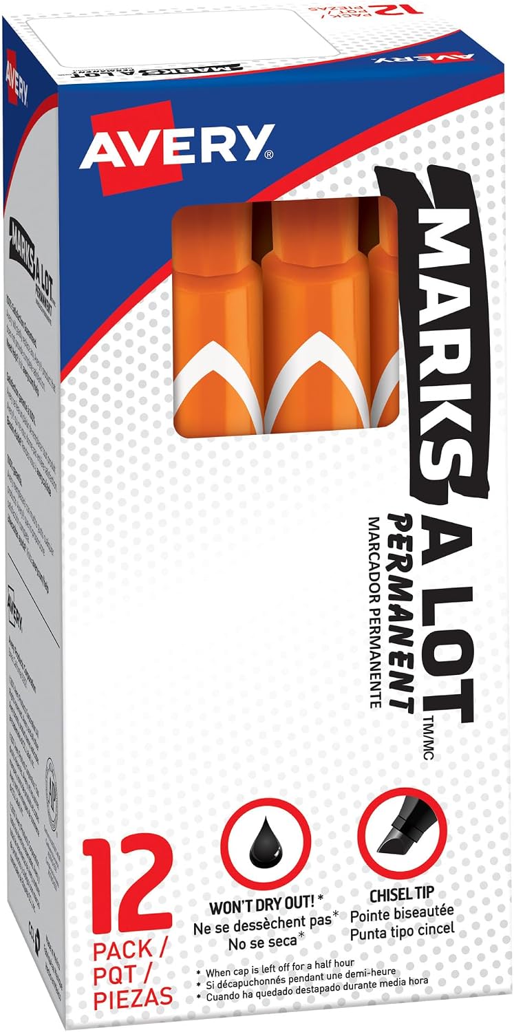 Avery Marks A Lot Permanent Markers, Large Desk-Style Size, Chisel Tip, Water and Wear Resistant, 12 Orange Markers (08883)