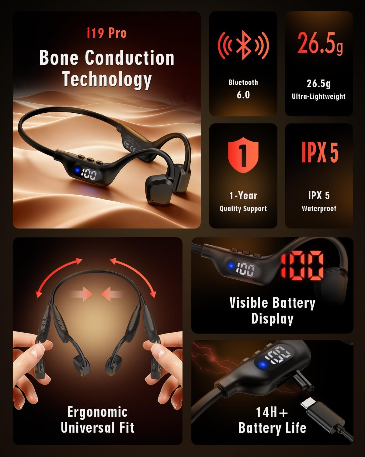 Bone Conduction Headphones, 14H Playtime Bluetooth 6.0 Open-Ear Earbuds with Mic, IPX5 Waterproof Lightweight Headset, Wireless Sport Earphones for Running, Cycling, Gym Workouts(Black image 2