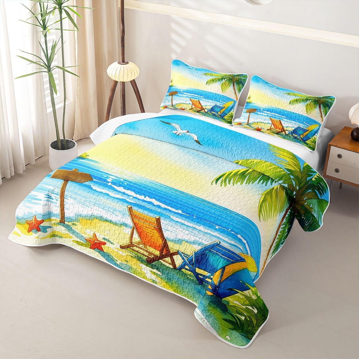 Feelyou Nautical Beach Quilt Set Queen Size Summer Holiday Vacation Comforter Set for Kids Boys Girls Watercolor Tropical Island Bedspreads with 2 Pillowcases Bedding Lightweight