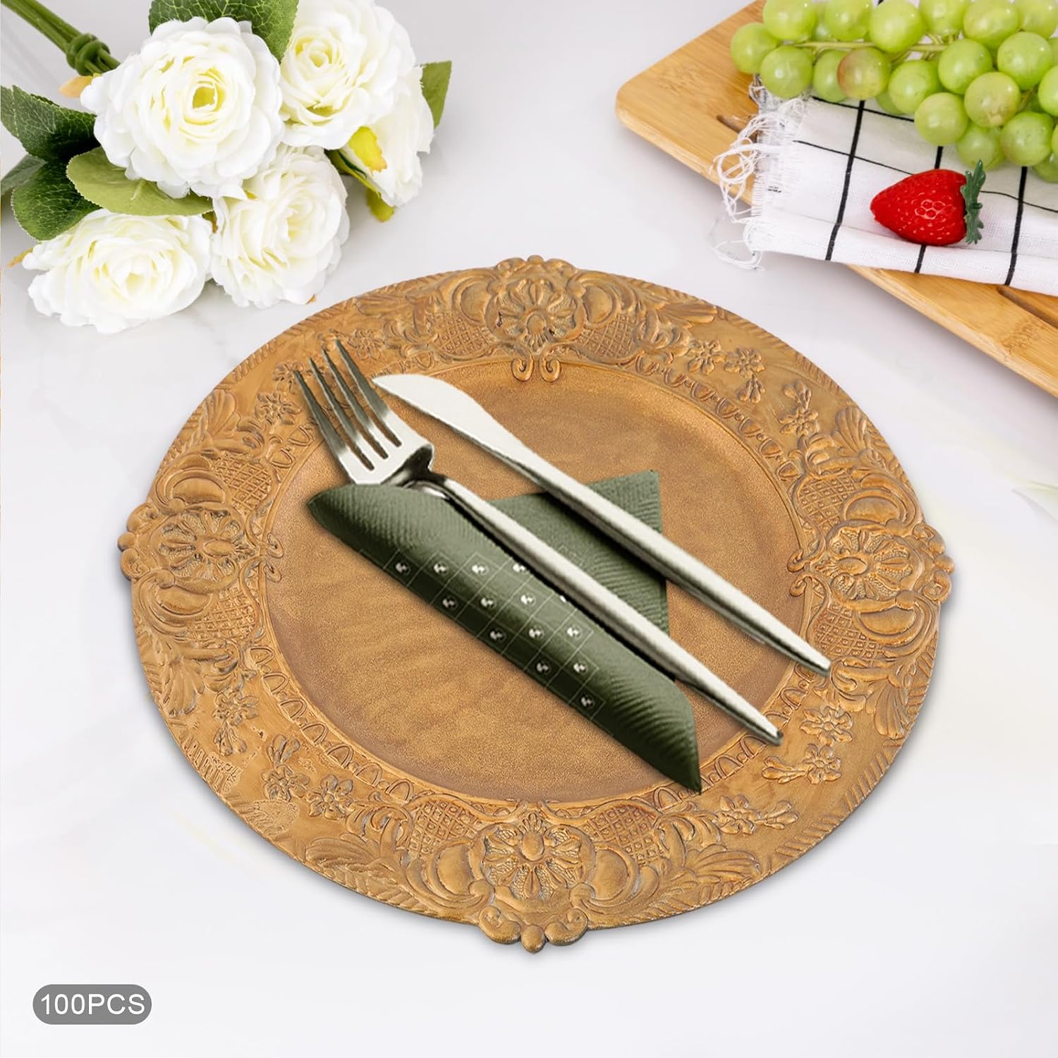 Pack of 100 Reusable Golden Place Plates with Embossed Edge, 13" Plastic Place Plates, Large Round Serving Plates for Christmas, Halloween, Wedding, Party, Table Decoration (StyleB)