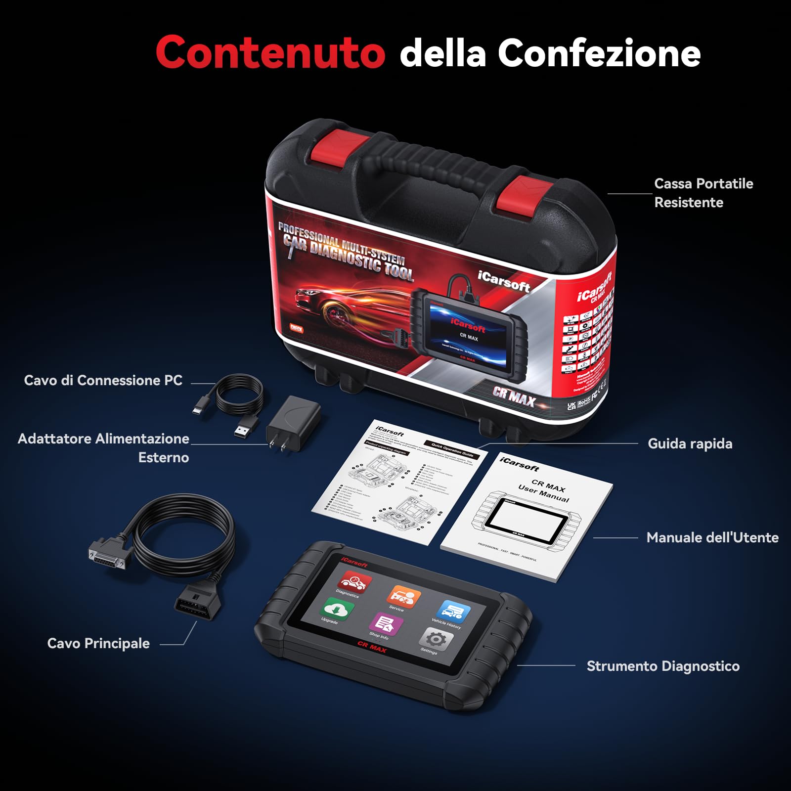 iCarsoft CR Max OBD2 Auto Diagnostica, Diagnosi Auto Professionale in Italiano per Tutti i Sistemi, 49 Servizi Ripristino, Test Bidirezionale, Codifica ECU, Vin Automatico, CANFD, Aggiornamento WiFi