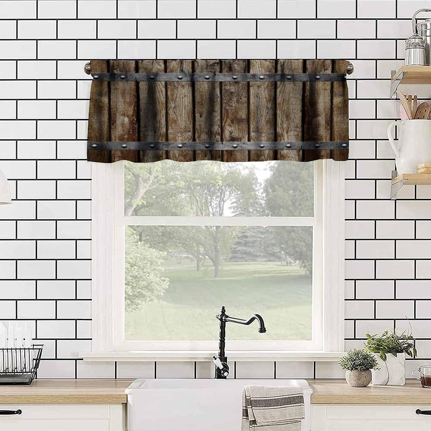 Rustic Barn Door Valances Curtains, Brown Wooden Board Farmhouse Country Short Window Curtains Valances for Kitchen Dinning Room Living Room 1 Panel, 54x18 Inch - Image 4