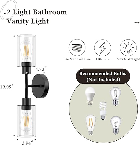 Miniatura 4 de Espird Lámparas de baño 2 luces negras claras, luces de tocador de baño sobre el espejo, apliques de pared de baño, lámpara de tocador de baño negro