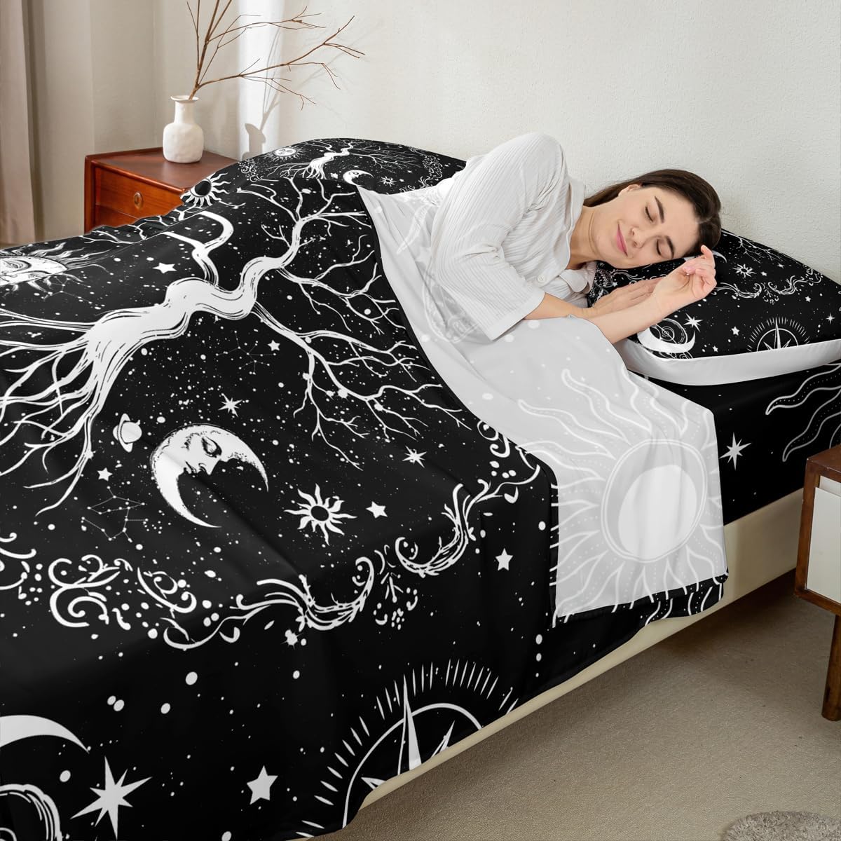Erosebridal Tree of Life Sheet Set Sun and Moon Bed Sheets Gothic Moth Flat Sheet Boho Death Skull Fitted Sheet Trippy Galaxy Bed Cover Twin Cosmic Celestial Stars Bedding 3Pcs with 1 Pillowcase