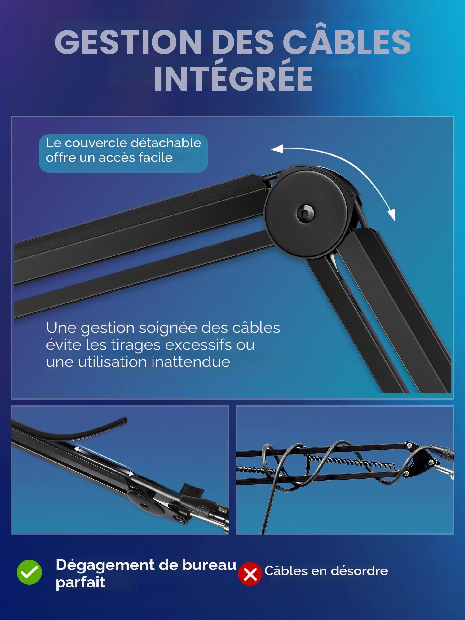 InnoGear Bras de micro avec perche pour gestion des câbles pour Blue Yeti FIFINE AM8 K669B HyperX QuadCast S SoloCast AT2020 Shure SM7B MV7 et autres microphones