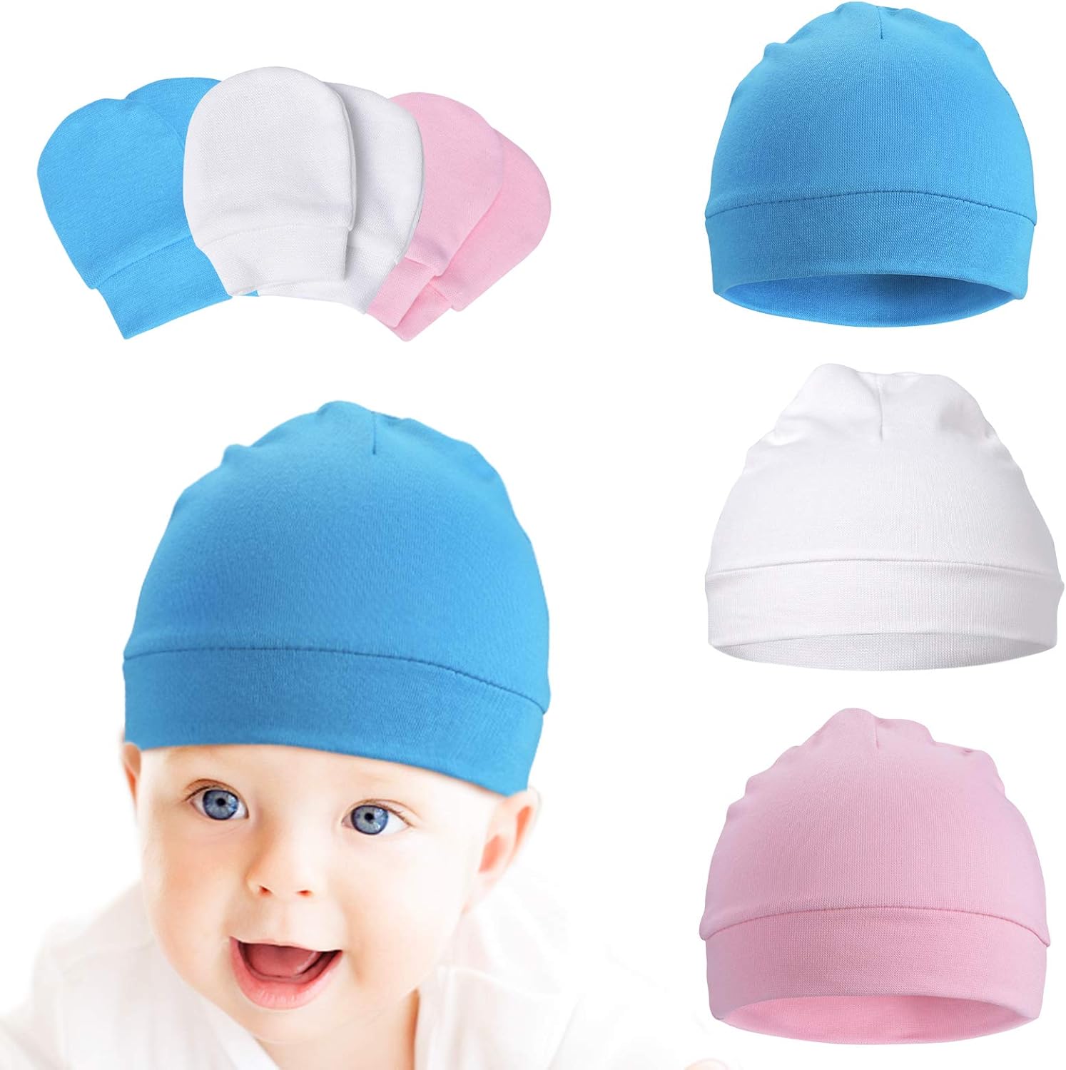 Momcozy Newborn Baby Hats and Mittens, Baby Boys Girls Infant Unisex Cotton Caps and Scratch Mittens 3-Piece Set: Clothing