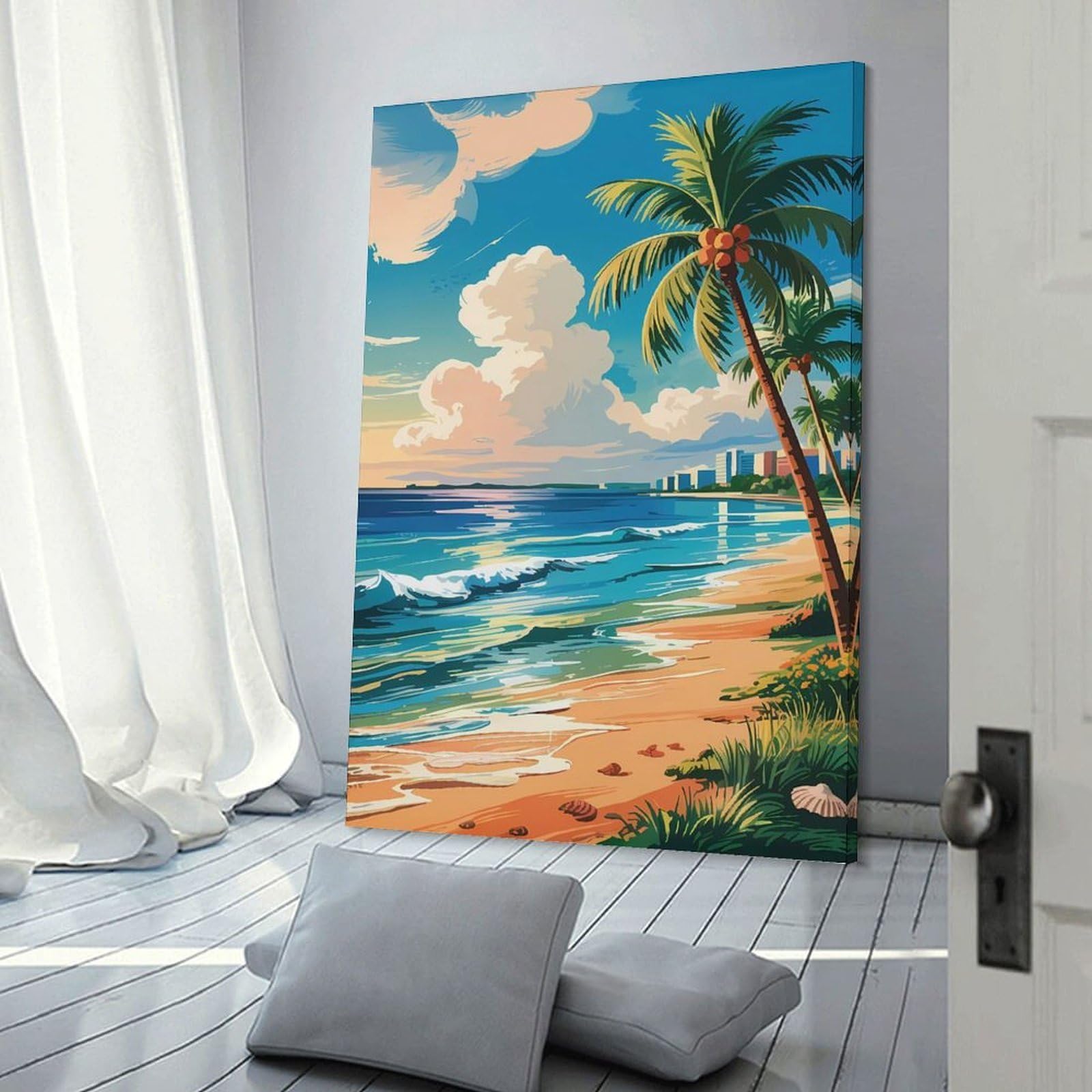 Junmoney Miami Tropical Beach with Palm Trees And City Skyline Wall Picture Print 08x12inch(20x30cm), for Entrance Spaces, Stair Walls Or Halls, Decorative Canvas Styling for Entry Areas