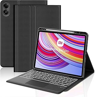 Touchpad Keyboard Case for Xiaomi Redmi Pad Pro 12.1 Inch 2024, 7 Colors Backlight Wireless Bluetooth Trackpad PU Folio Stand Cover Case with Pen Holder, Auto Sleep/Wake Up, Long Battery,Black
