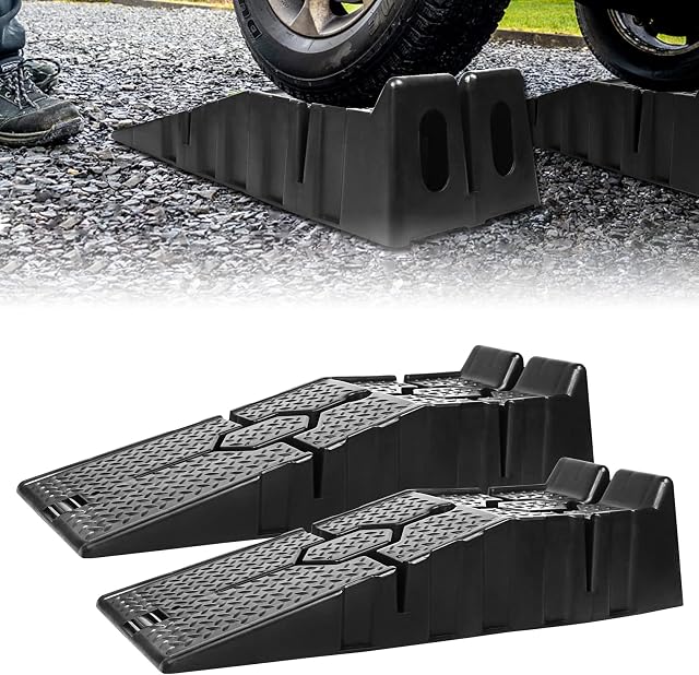 Aufun Pack of 2 plastic drive-on ramps black, heavy-duty ramp up to 2500 kg/2.5T, width up to 330 mm, car ramp, with overrun protection