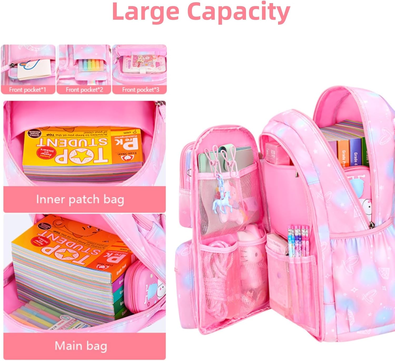 Girls Backpack, Kids Bookbag for Elementary School, Lightweight with Compartment, Blue - Image 3