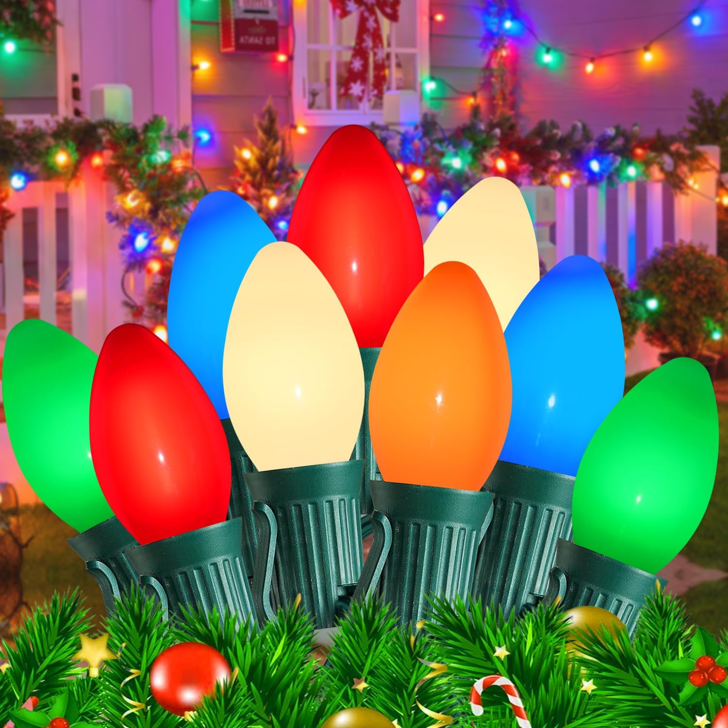 Christmas Decorations - 50 Feet C7 Vintage Christmas Lights Multicolor Christmas Tree Lights Outdoor Christmas String Lights with 50+5 Pack Bulbs for Christmas Tree Home Patio Yard Decor, E12 Base