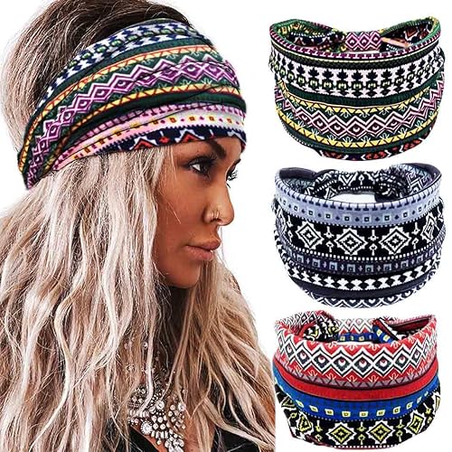 Miniatura 7 de Aceorna Diademas bohemias anchas anudadas para el cabello, bandas elásticas estampadas, diademas bohemias para mujeres y niñas, 3 piezas (juego A)