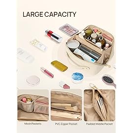 Telena Leather Make Up Bag Portable Travel Makeup Bag Waterproof Cosmetic Bags for Women Large Capacity With Handle and Divider Open Flat