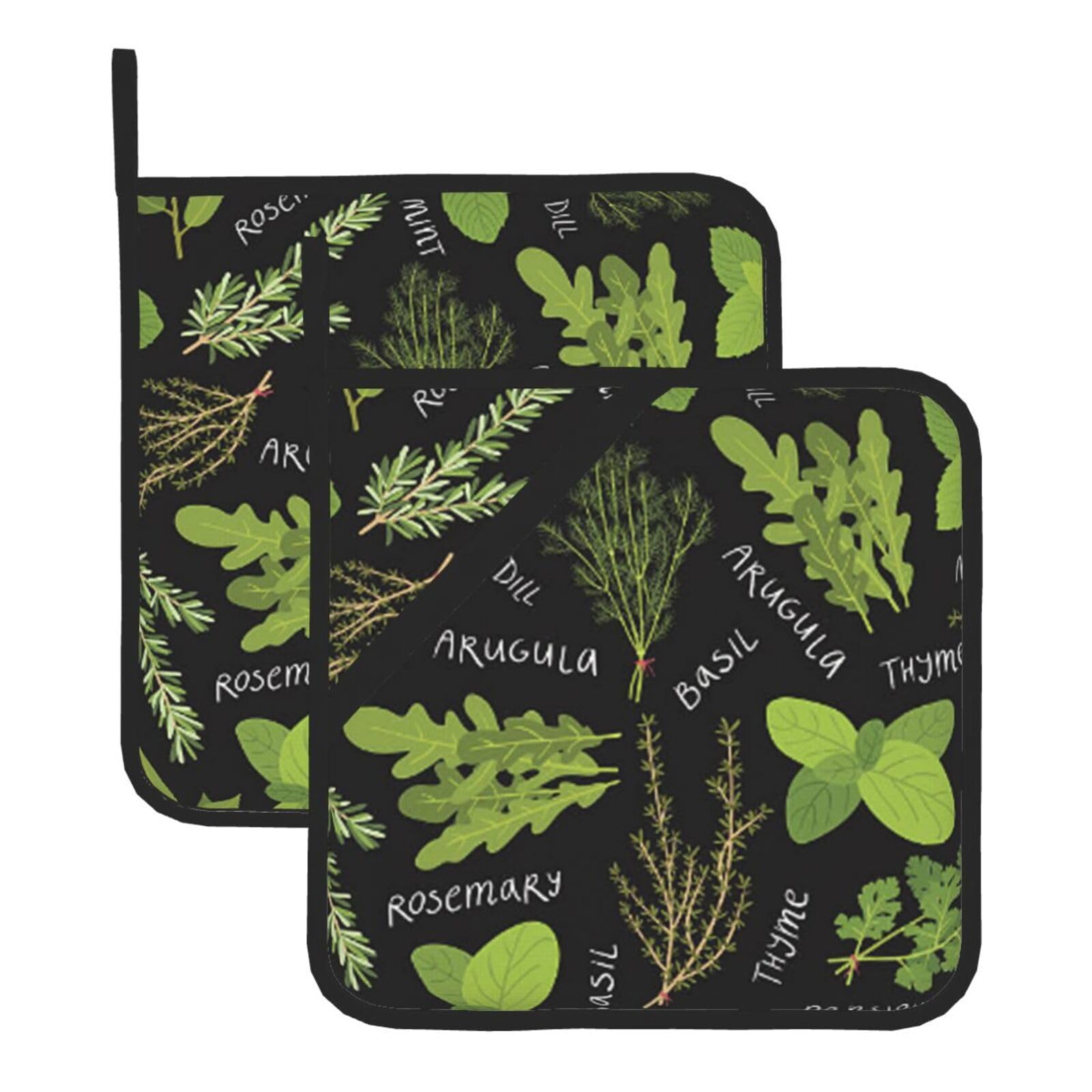Basil Thyme Dill & Rosemary Heat Resistant Pot Holders Set of 2 Non-slip Hot Pads with Hanging Loop for Kitchen Cooking Baking BBQ