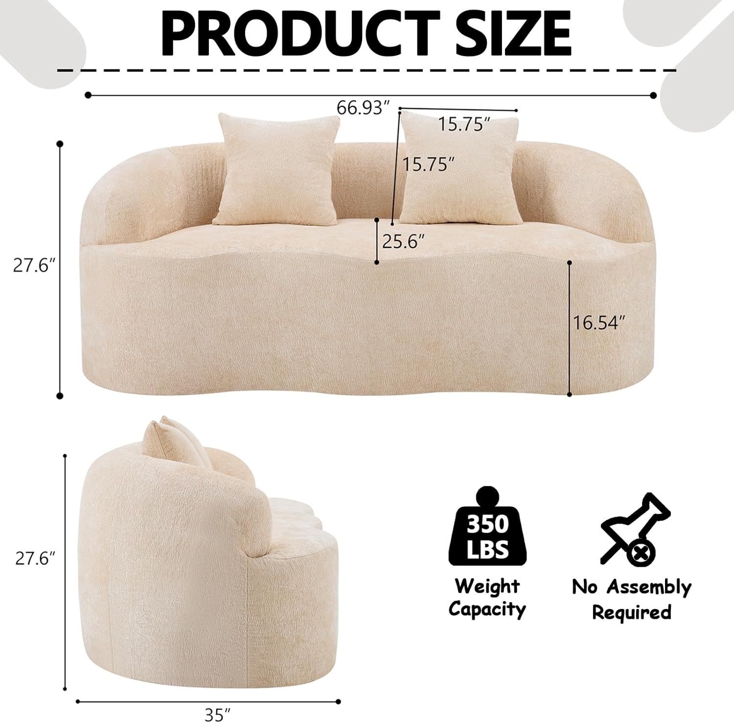 67" Curved Loveseat Sofa with 2 Pillows, Boneless Curved Couch with Round Armrest, Cloud Sofa for Living Room Bedroom Small Spaces, Teddy, Modern, Compressed, No Assembly (Beige Warm)