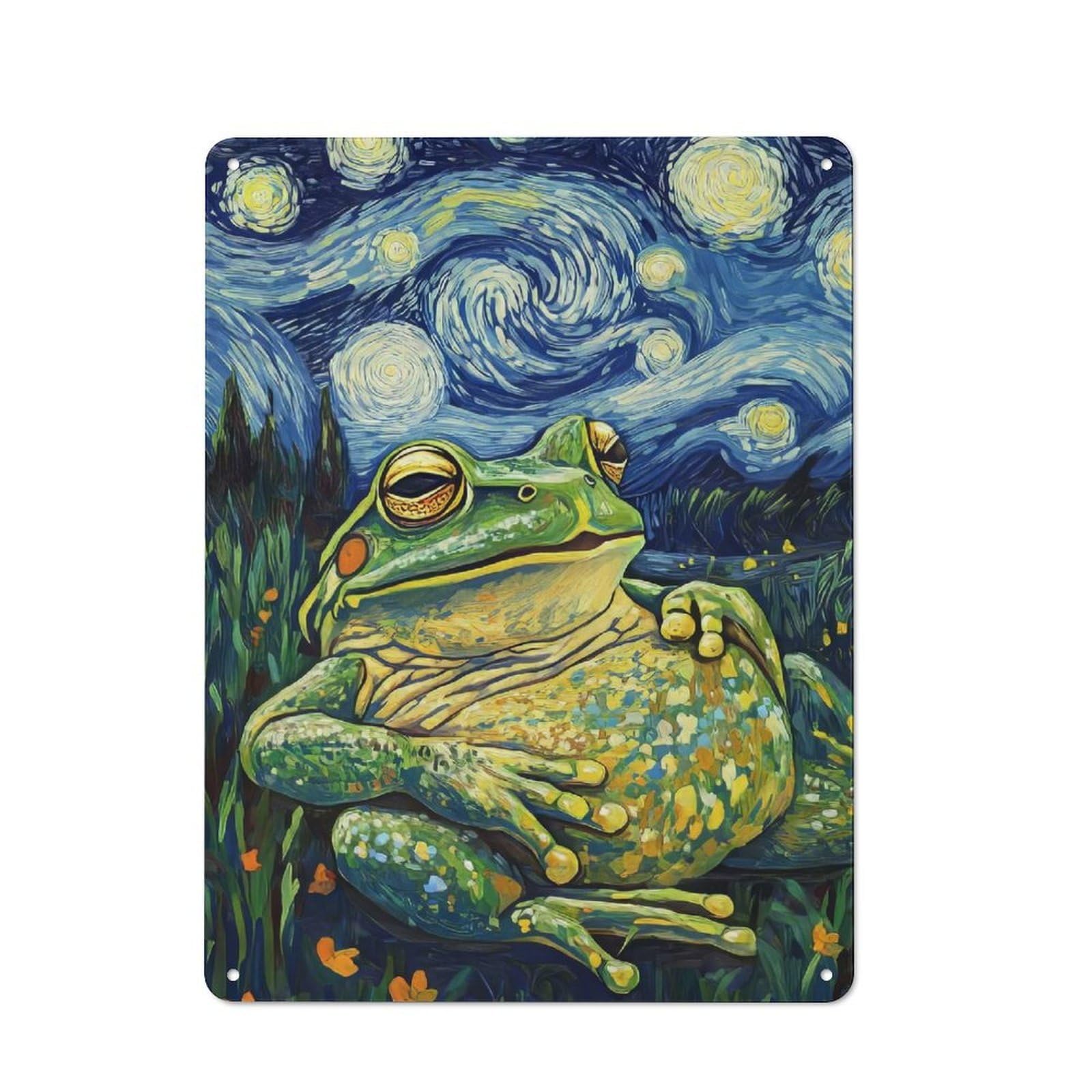 Vintage Metal Plaque 40x30cm Featuring Froggy Starry Night, Diner Style Decor for Restaurant, Kitchen, Counter Or Breakfast Nook