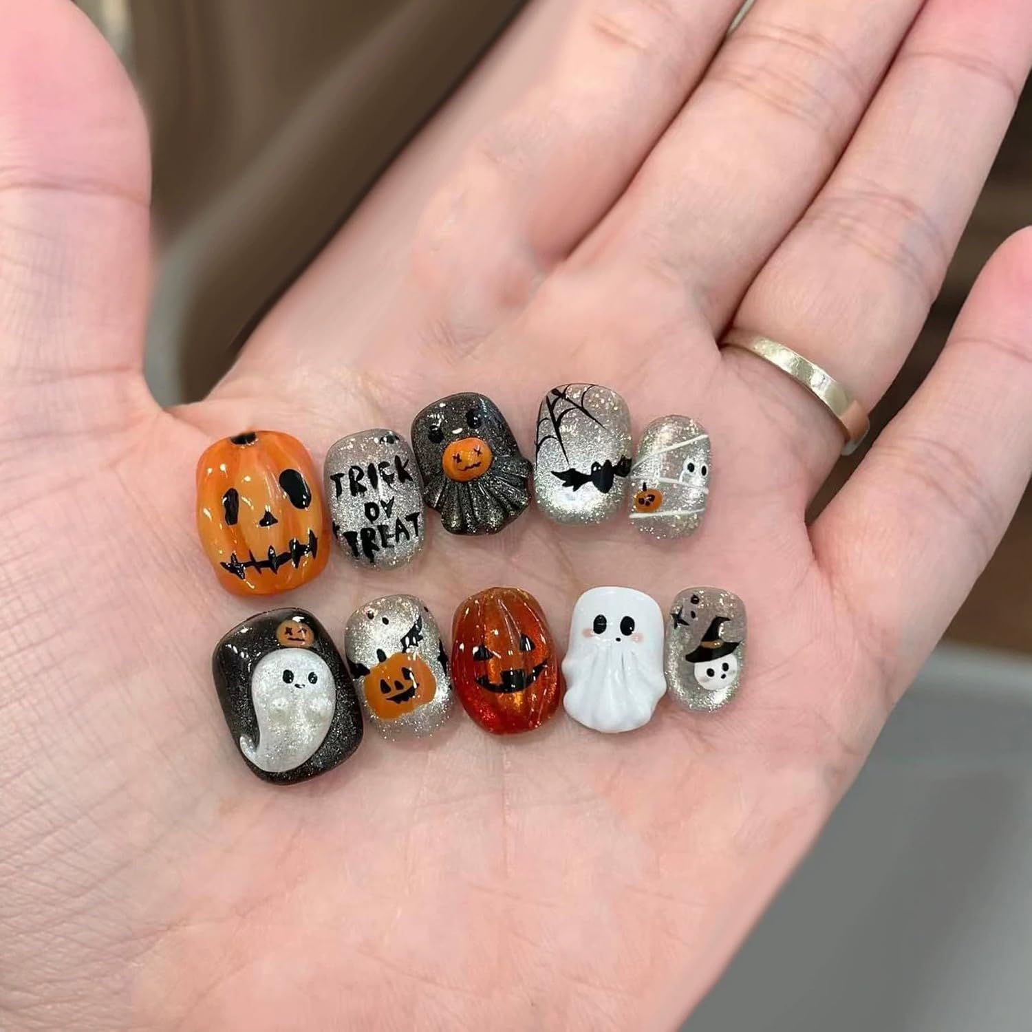Halloween Press On Nails Short Square Fake Nails Cute Ghost Nail Press Ons With Pumpkin Bat Design Glitter Acrylic False Nails Halloween Holiday Glossy Glue On Nails For Women