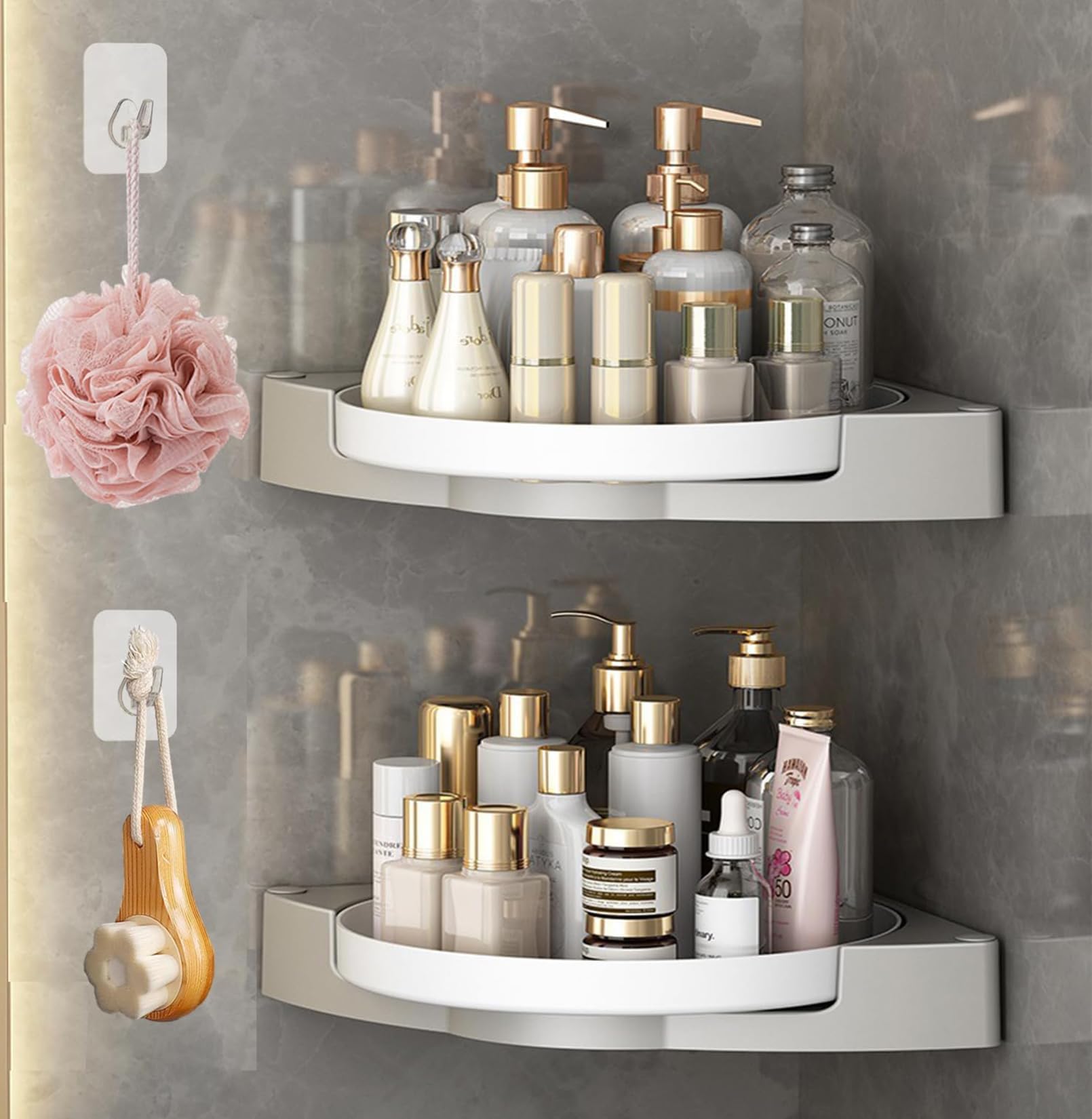 MosQuick® Bath Room Corner Storage 360°Rotating Lazy Susan Shower Caddy No Drilling self Adhesive Angle Shelf Wall Mounted Shelf Corner Shelf for Kitchen Bath Room Accessories