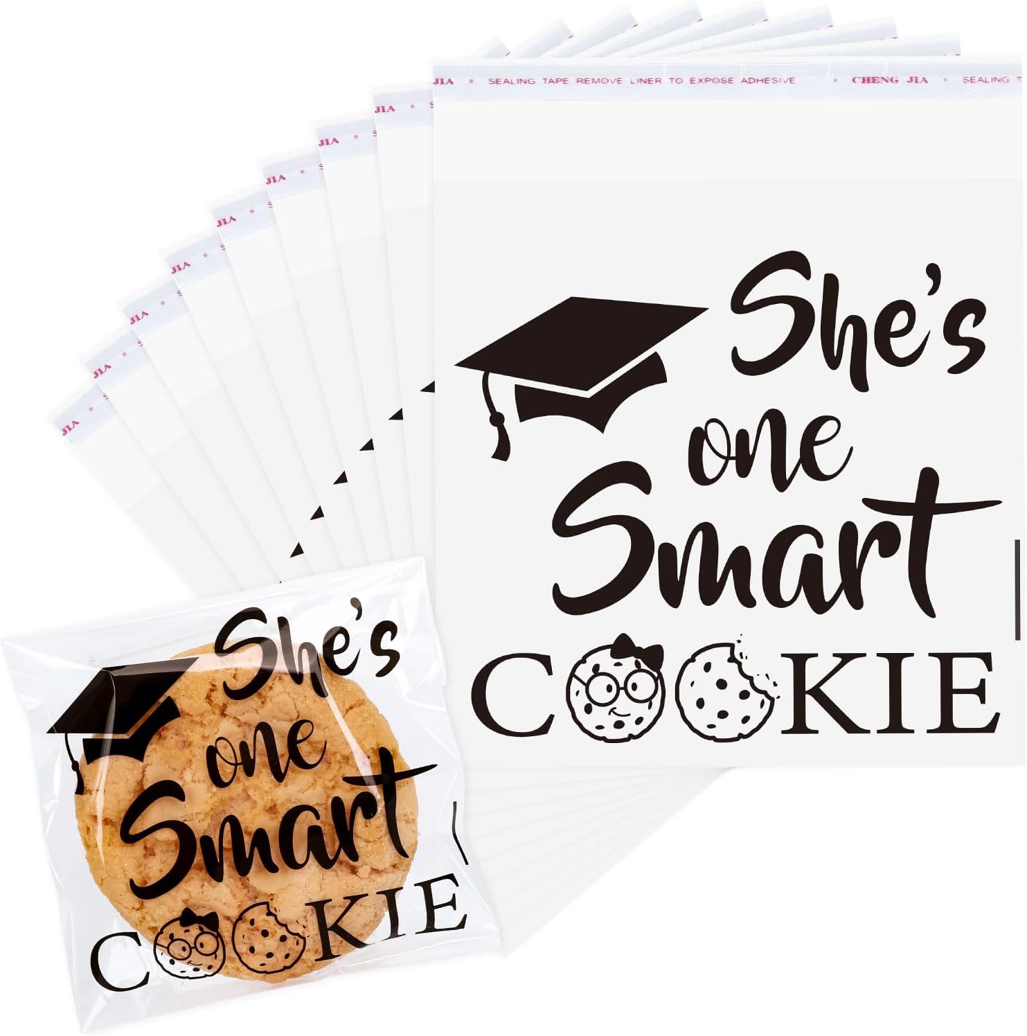 FYSUIMU 320 Pcs 2026 Grad Graduation Cellophane Bag She's One Smart Cookie Self-Adhesive Treat Bags Clear Flat Candy Goodie Bags for Congrats Grad School Party Supplies