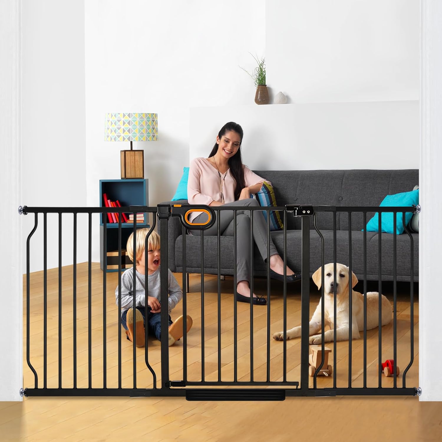 Extra Wide Baby Gate with Door Pressure Mounted 57.5-62.2 Inch,Child Dog Baby Safety Gates for Doorways,Walk Through Dog Gate Indoor for The House Kitchen Stairs No Drilling,Black