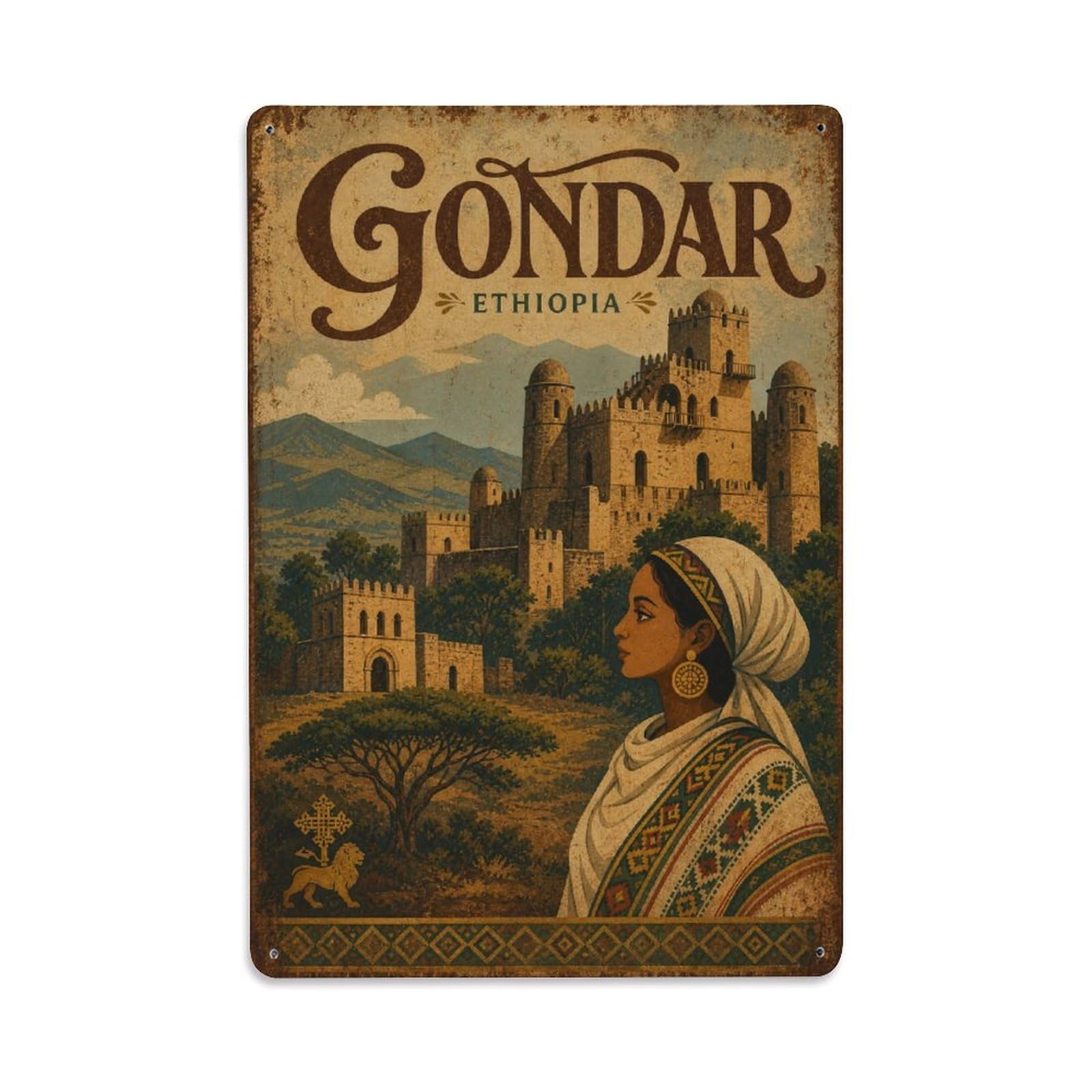 Metal Tin Sign Retro Travel Ethiopia Gondar
