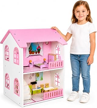 Wooden Dollhouse for Girls, Two-Storey Pink Doll House with Furniture, Four Rooms, Pretend Play Toy, Creative Gift for Girls Aged 3+, Birthday Gift for Toddlers and Kids