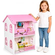 Doll House, Wooden Dollhouse for Girls, Two-Storey Pink Doll House with Furniture, Four Rooms, Pretend Play Toy, Creative Gift for Girls Aged 3+, Birthday Gift for Toddlers and Kids
