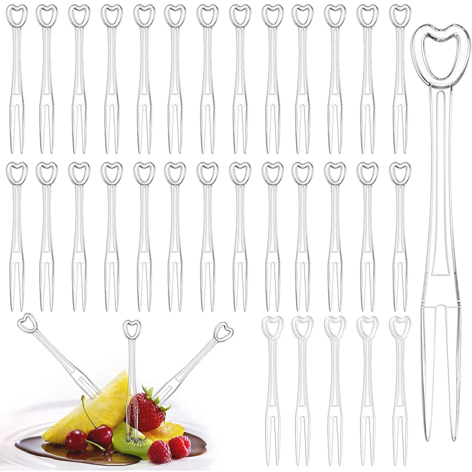 300PCS Transparent White Disposable Fruit Dessert Forks Cake Appetizer Forks Plastic Cocktail Picks Sticks Cute Heart Shaped Food Picks