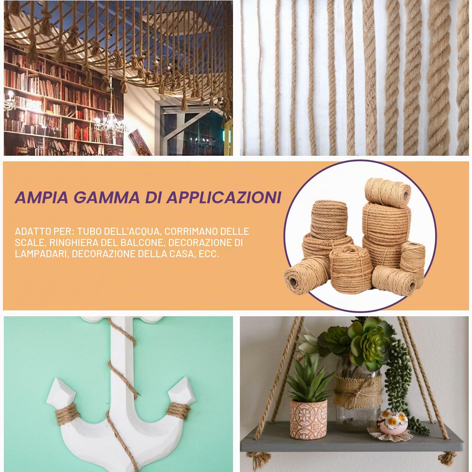 Swpeet Corda di iuta intrecciata in iuta naturale, 14 mmx164 m, lunga corda da imballaggio, giardinaggio, uncinetto, perfetto per artigianato, regalo, confezionamento, imballaggio